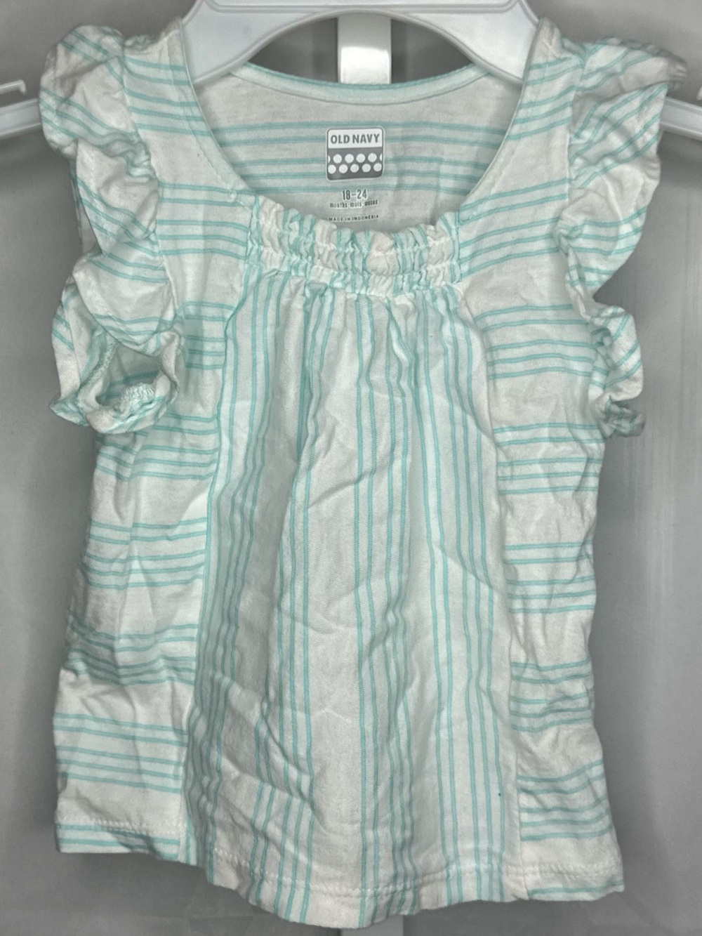 Old Navy White & Light Teal Striped Ruffle Sleeve Tee